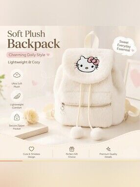 Hello Kitty Cream and Pink Plush Kids Backpack